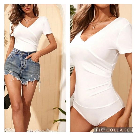 Tops - White Top Bodysuit VNeck Ruched Med